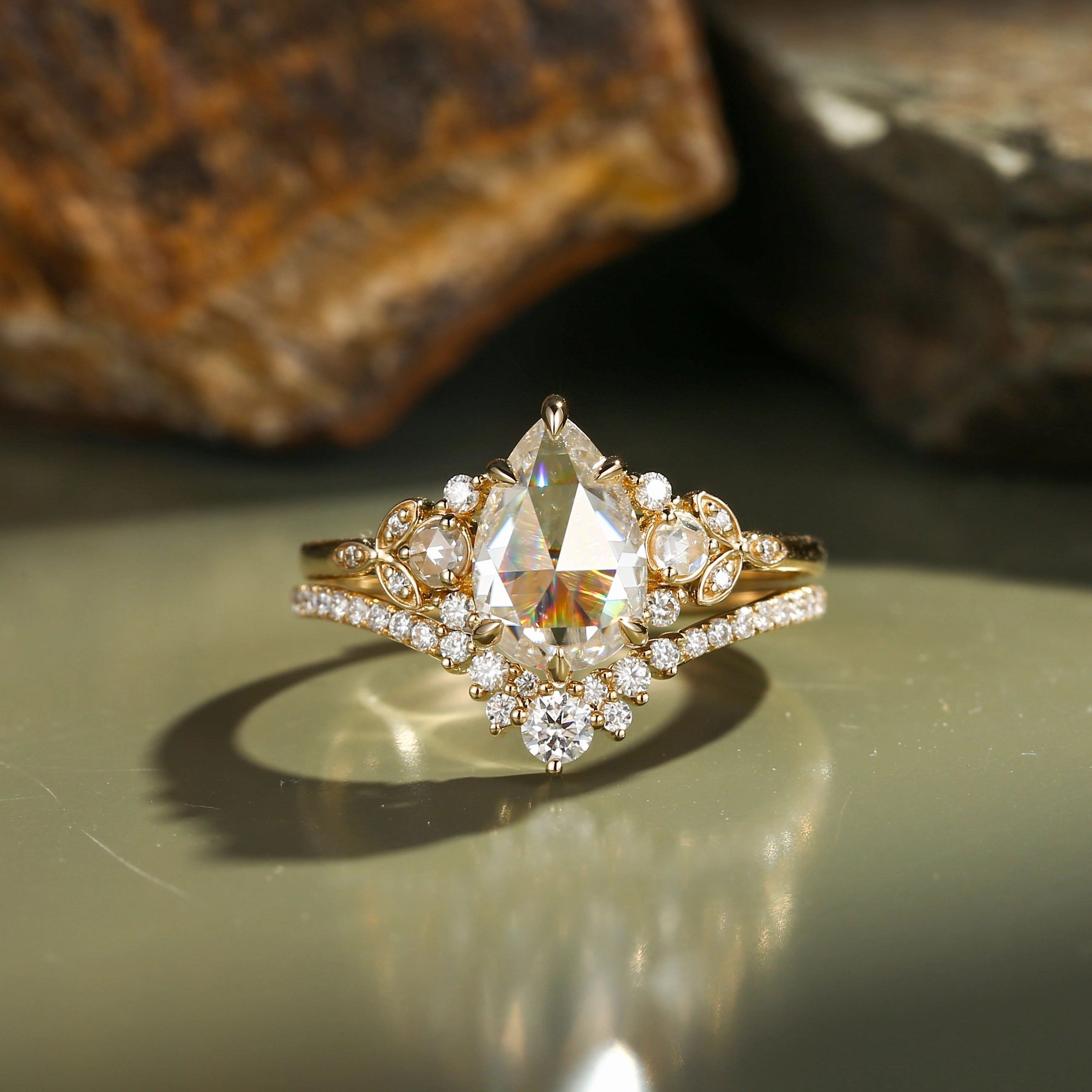 Stylish Fashion Rose Cut Pear Vintage Moissanite Gold Ring Set 2pcs - Rhea