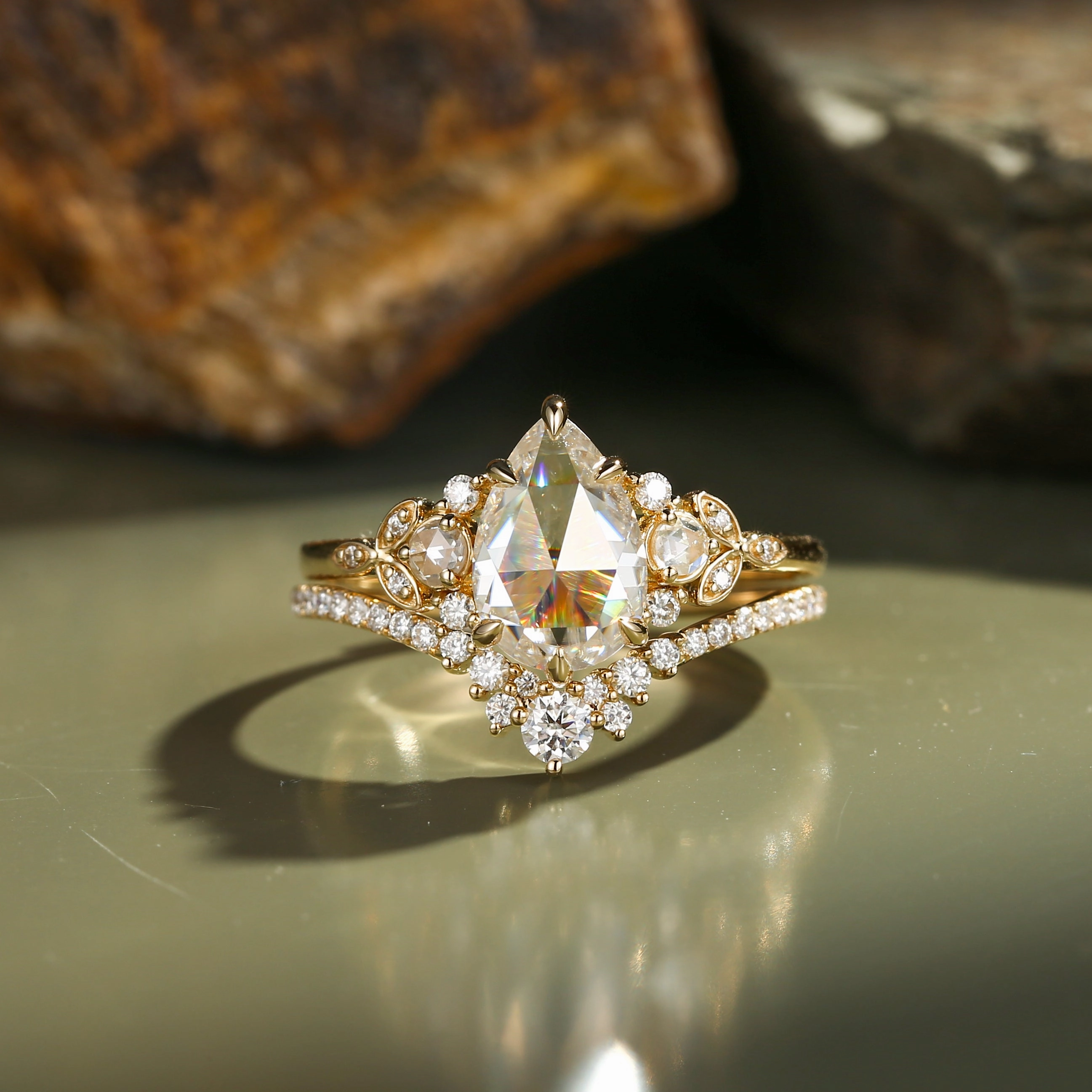 Rose Cut Pear Vintage Moissanite Gold Ring Set 2pcs - Rhea Statement Jewelry