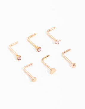 Rose Gold Plated Surgical Steel Heart & Diamante Nose Studs 6-Pack Unique Design