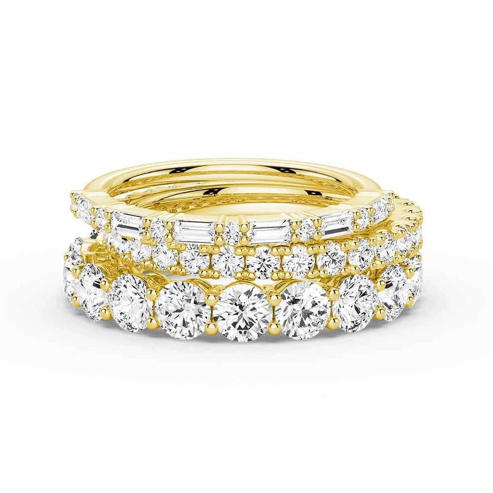 Round and Baguette Cut Moissanite Bands with French Pave Band Stacking Rings Structured Design