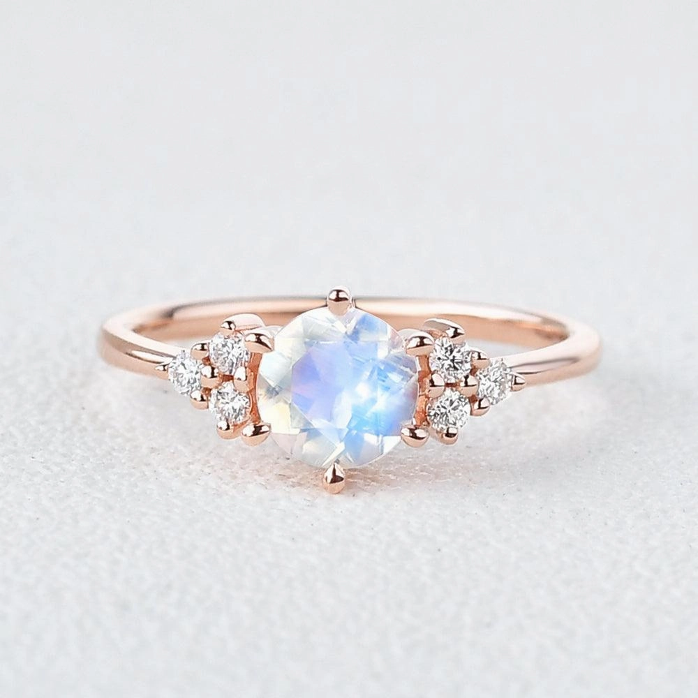 Quality Decoration Round Blue Moonstone & Moissanite Rose Gold Ring