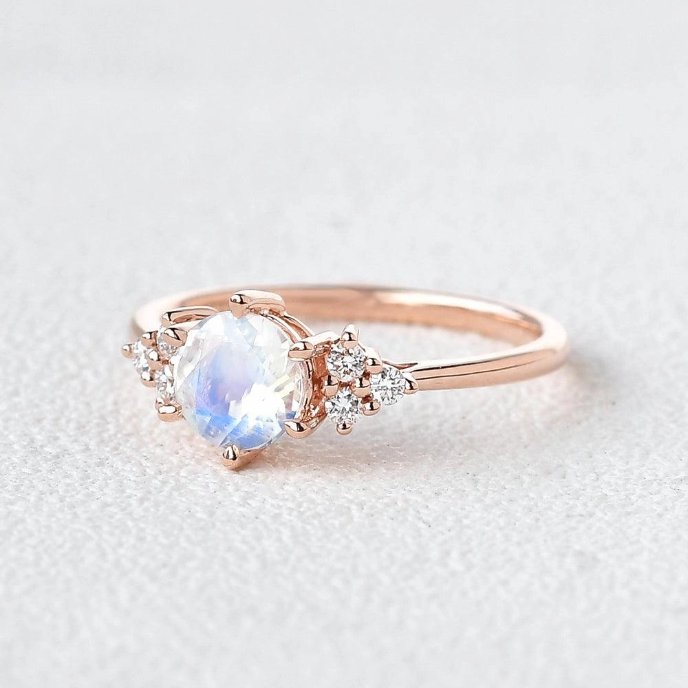 Affordable Look Round Blue Moonstone & Moissanite Rose Gold Ring