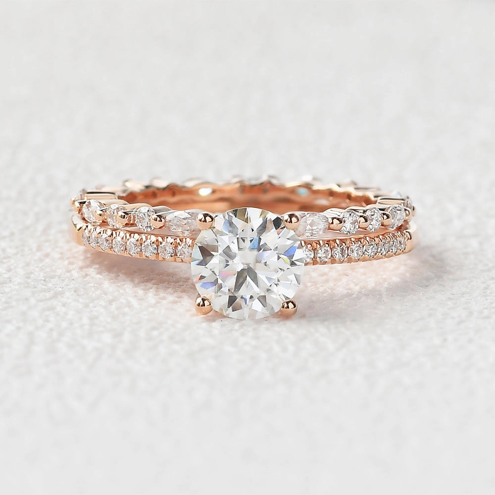 Round Cut 4 Prongs Moissanite Engagement Ring Set 2pcs Polished Finish