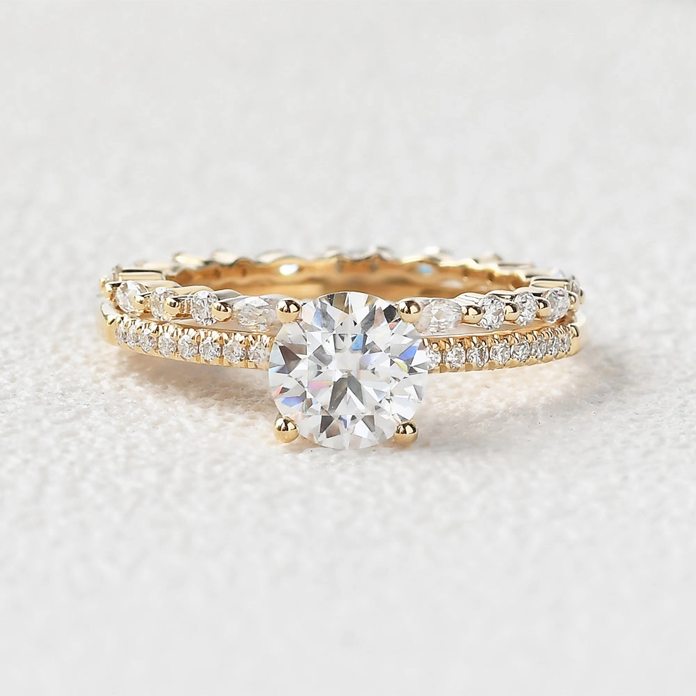 Round Cut 4 Prongs Moissanite Engagement Ring Set 2pcs Dazzling Highlight