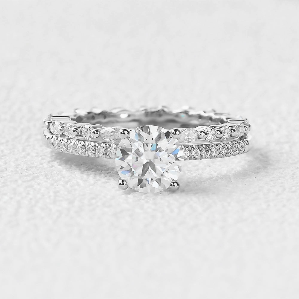 Elegant Treasures Bold Detailing Round Cut 4 Prongs Moissanite Engagement Ring Set 2pcs