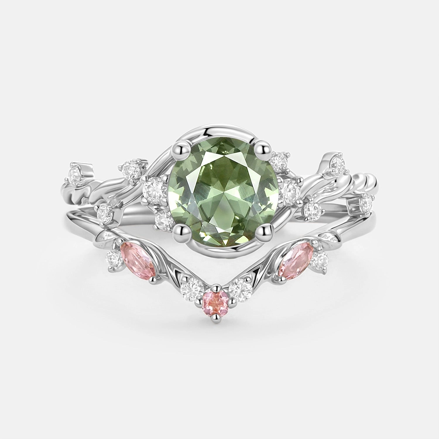 Round Cut Lab Green Sapphire Leafy Engagement Ring Set 2pcs - Verdi Simple Trinket Practical Style