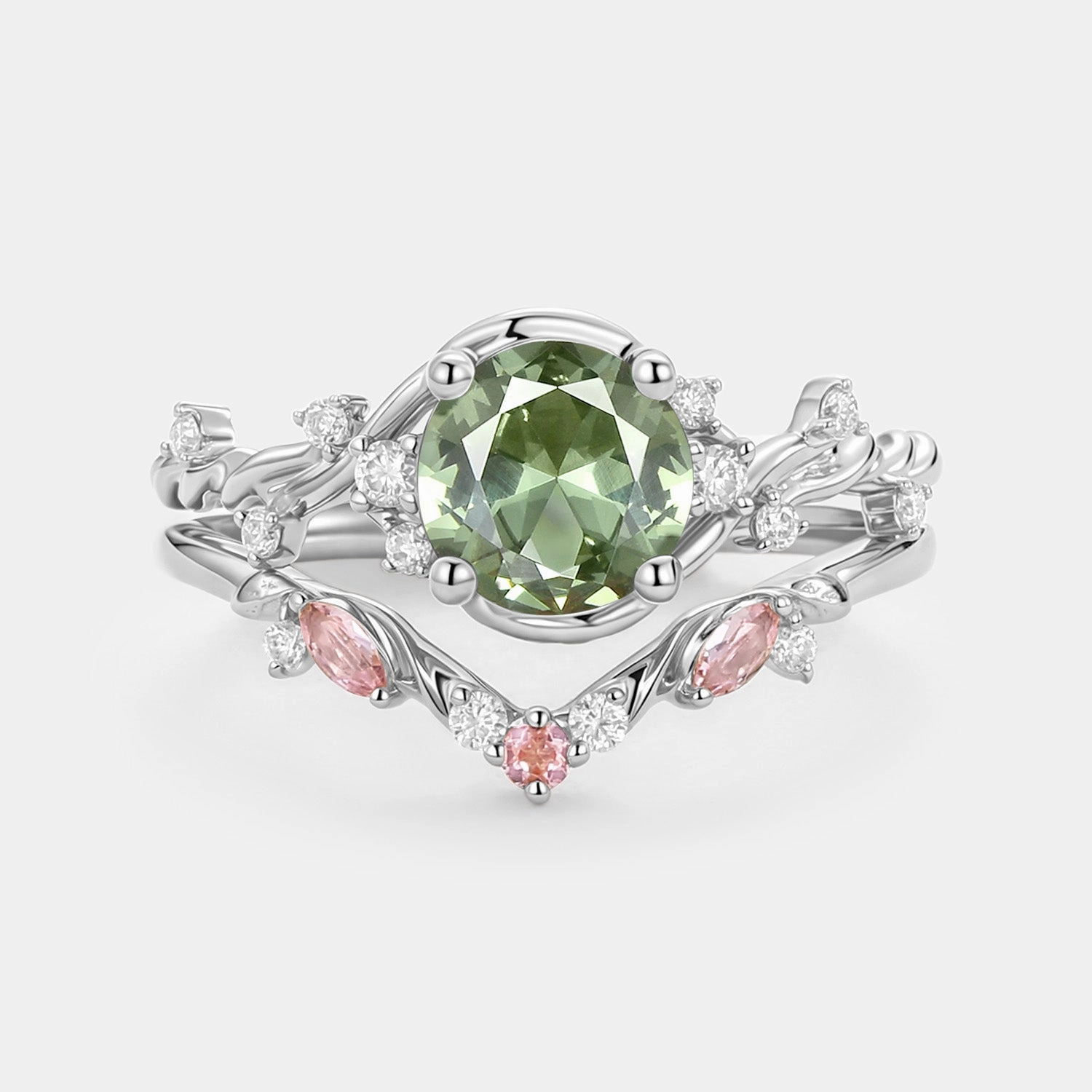 Round Cut Lab Green Sapphire Leafy Engagement Ring Set 2pcs - Verdi Bold Shine