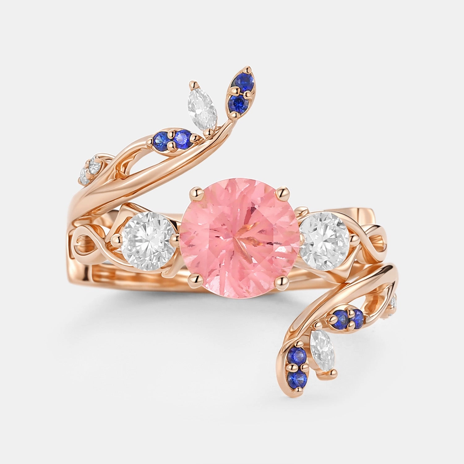 Round Cut Lab Sapphire Leafy Cage Engagement Ring Set 2pcs - Blush Luxury Design Timeless Adornment