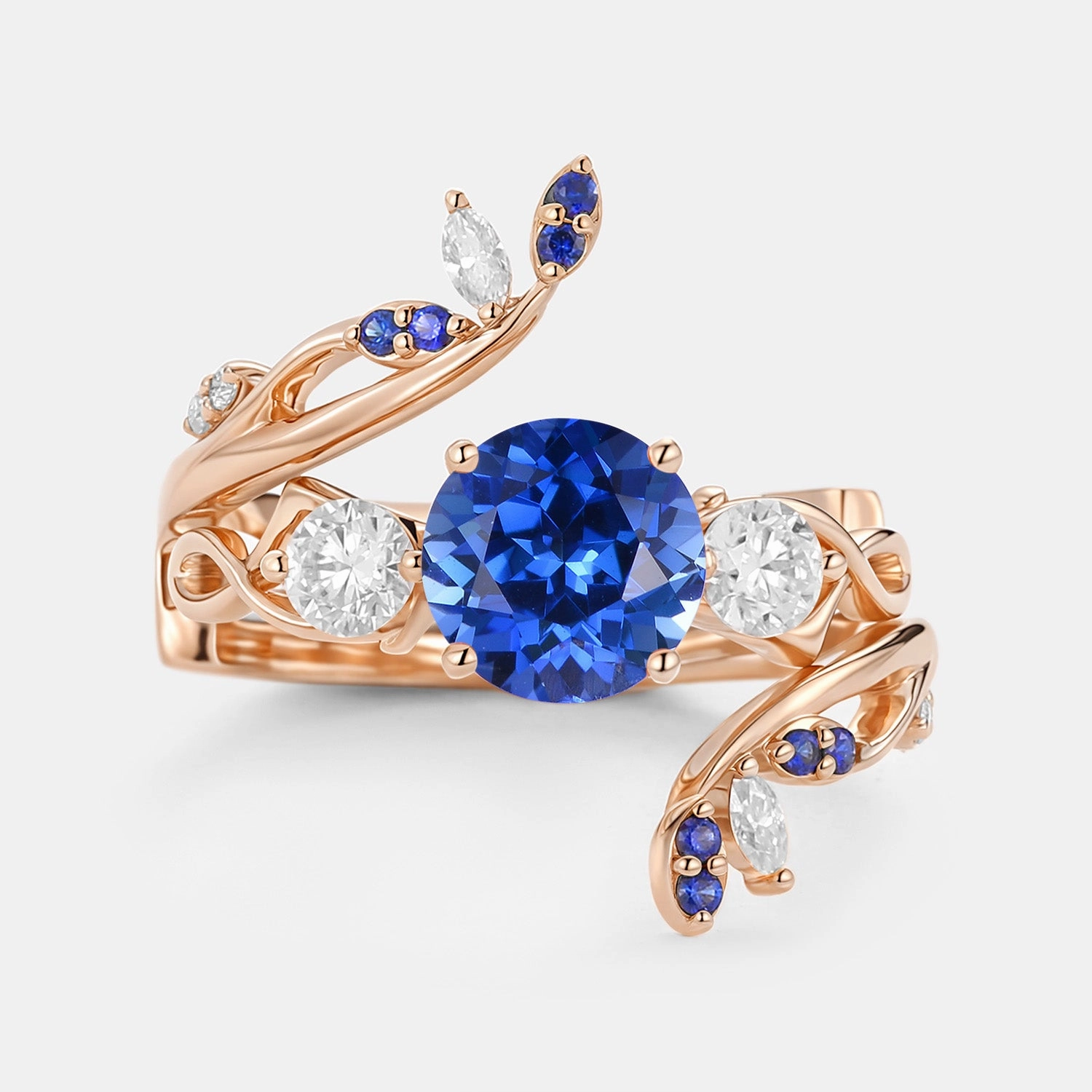 Cool Spark Round Cut Lab Sapphire Leafy Cage Engagement Ring Set 2pcs - Blush
