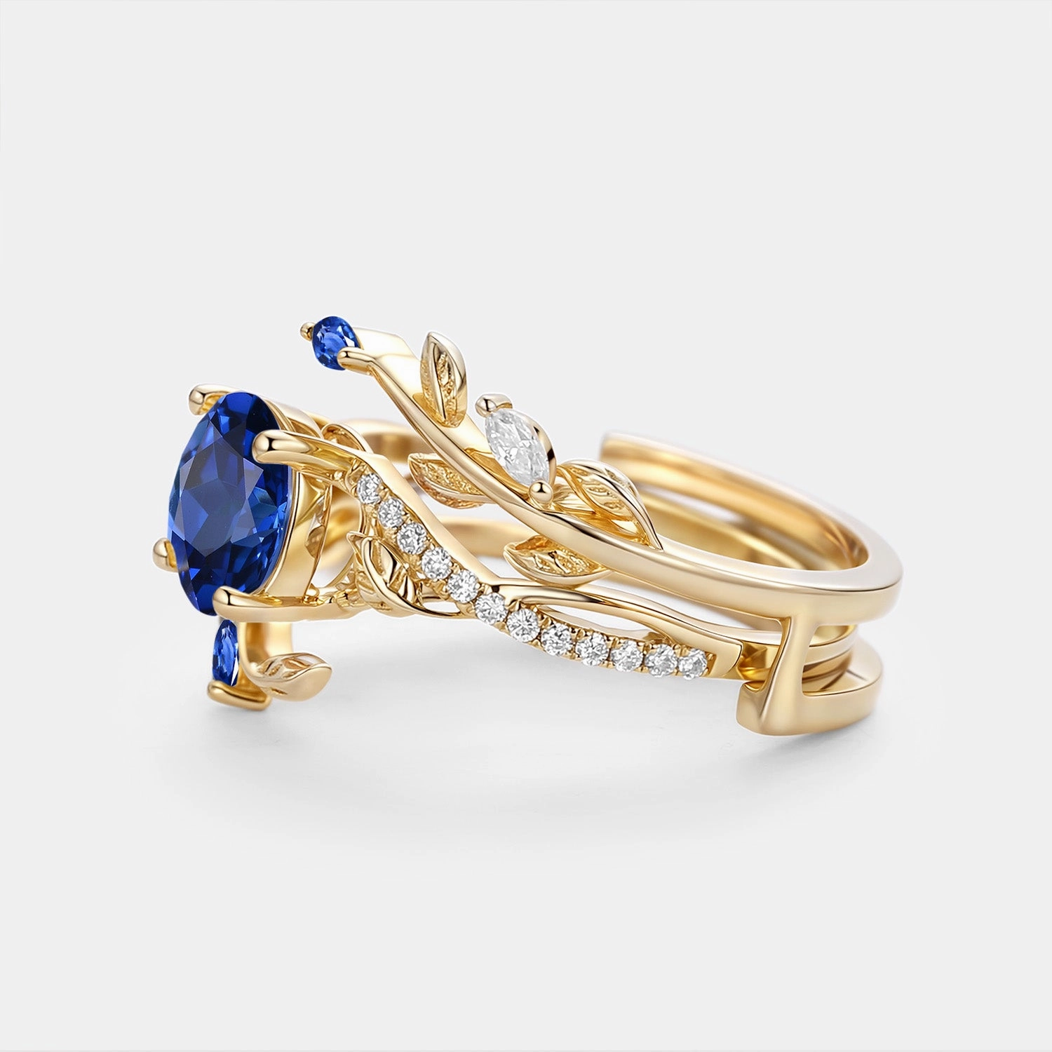 Personal Present Round Cut Lab Sapphire Leafy Cage Engagement Ring Set 2pcs - Calyx