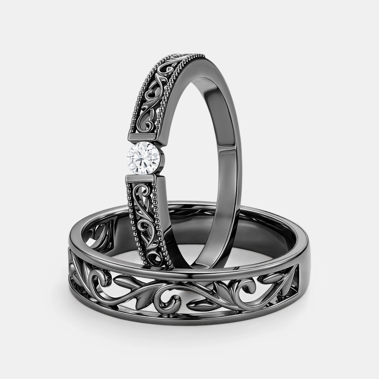 Round Cut Moissanite Couple Ring Set 2pcs - Ashley Graceful Edge