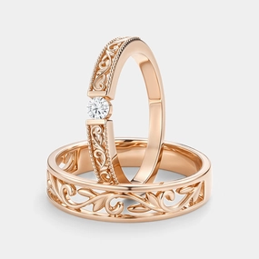 Round Cut Moissanite Couple Ring Set 2pcs - Ashley Artisan Texture Timeless Object