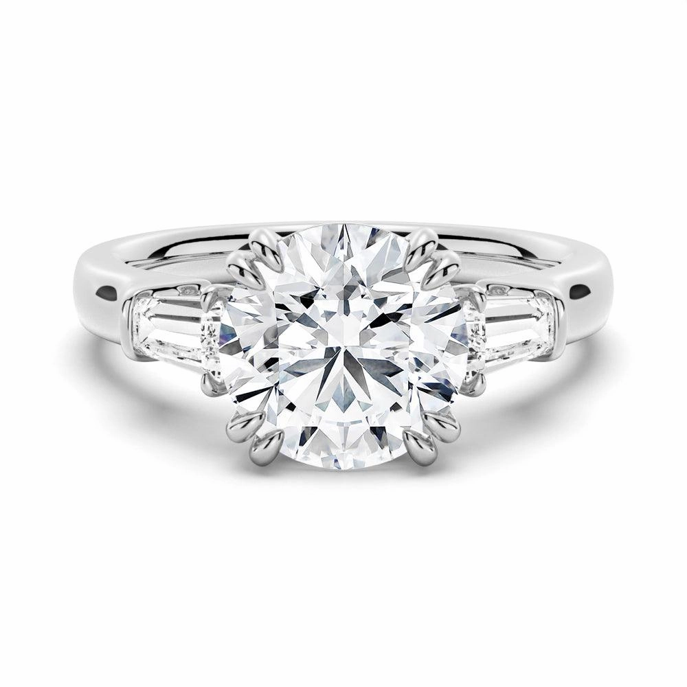 Round Cut Moissanite Engagement Ring with Tapered Baguette Side Stones Starry Night family event