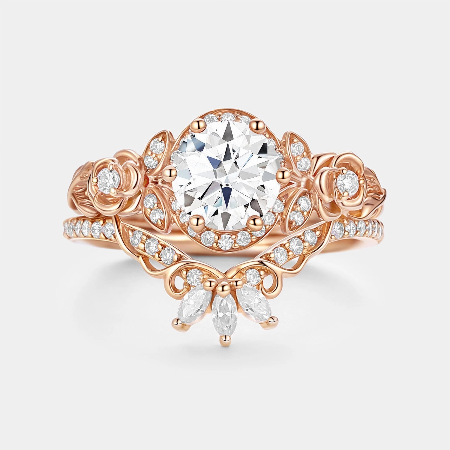 Round Cut Moissanite Flower Cluster Engagement Ring Set 2pcs Secure Appearance