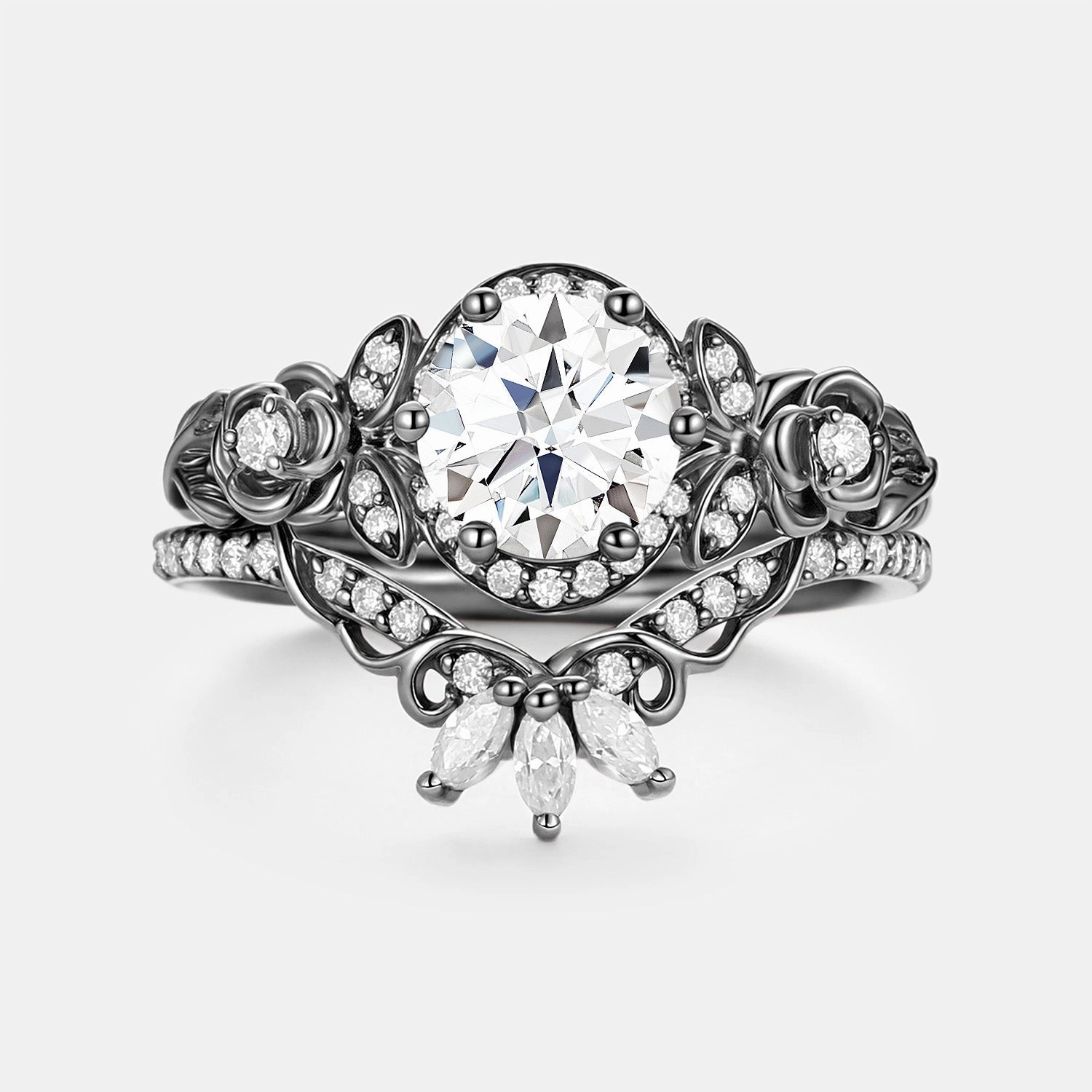 Round Cut Moissanite Flower Cluster Engagement Ring Set 2pcs Adult Appropriate