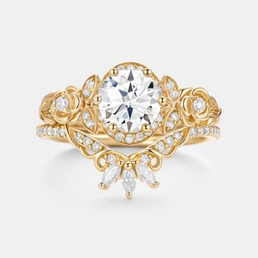 Brilliant Edge Round Cut Moissanite Flower Cluster Engagement Ring Set 2pcs