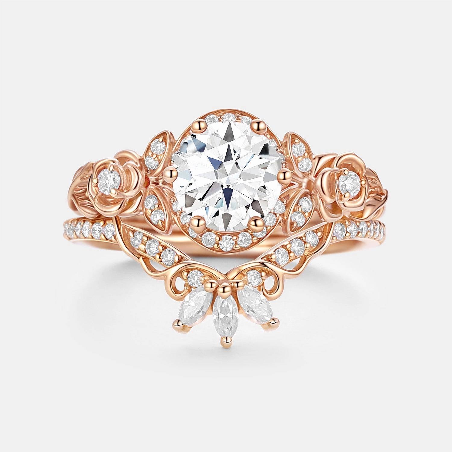 Round Cut Moissanite Flower Cluster Engagement Ring Set 2pcs Branded Jewelry