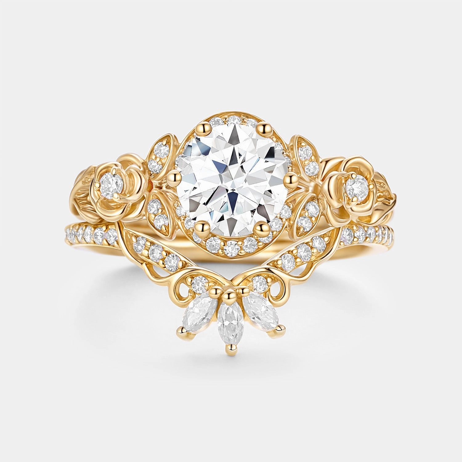 Round Cut Moissanite Flower Cluster Engagement Ring Set 2pcs Affordable Ornament Romantic Art