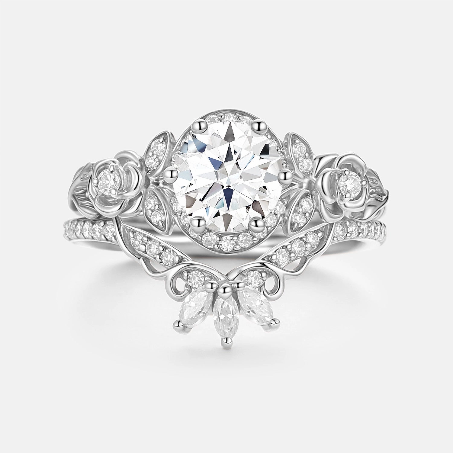 Round Cut Moissanite Flower Cluster Engagement Ring Set 2pcs Night Shine Signature Feature