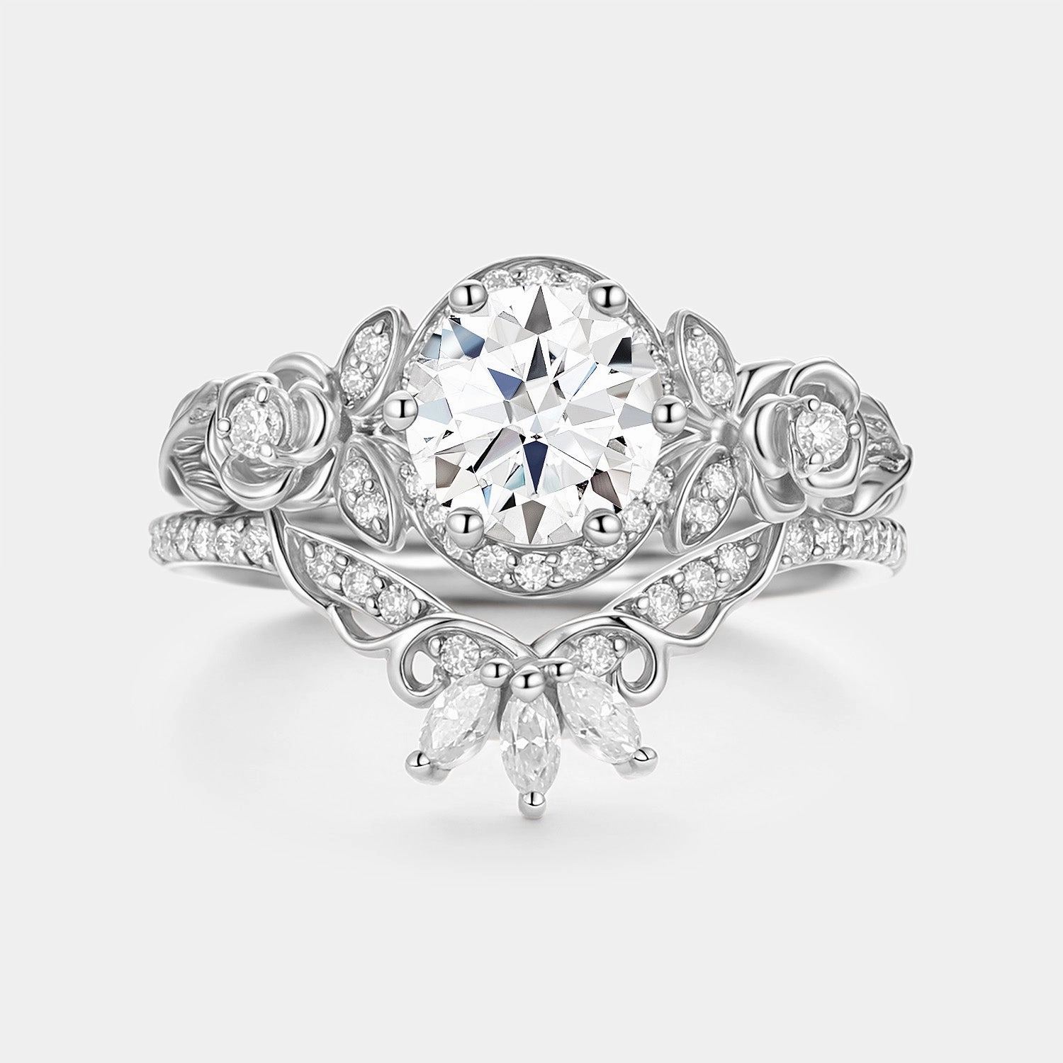 Daily Spark Round Cut Moissanite Flower Cluster Engagement Ring Set 2pcs