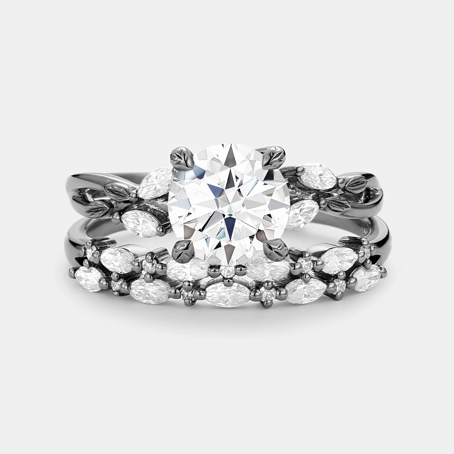 Sleek Design Contemporary Art Round Cut Moissanite Leafy Cluster Engagement Ring Set 2pcs