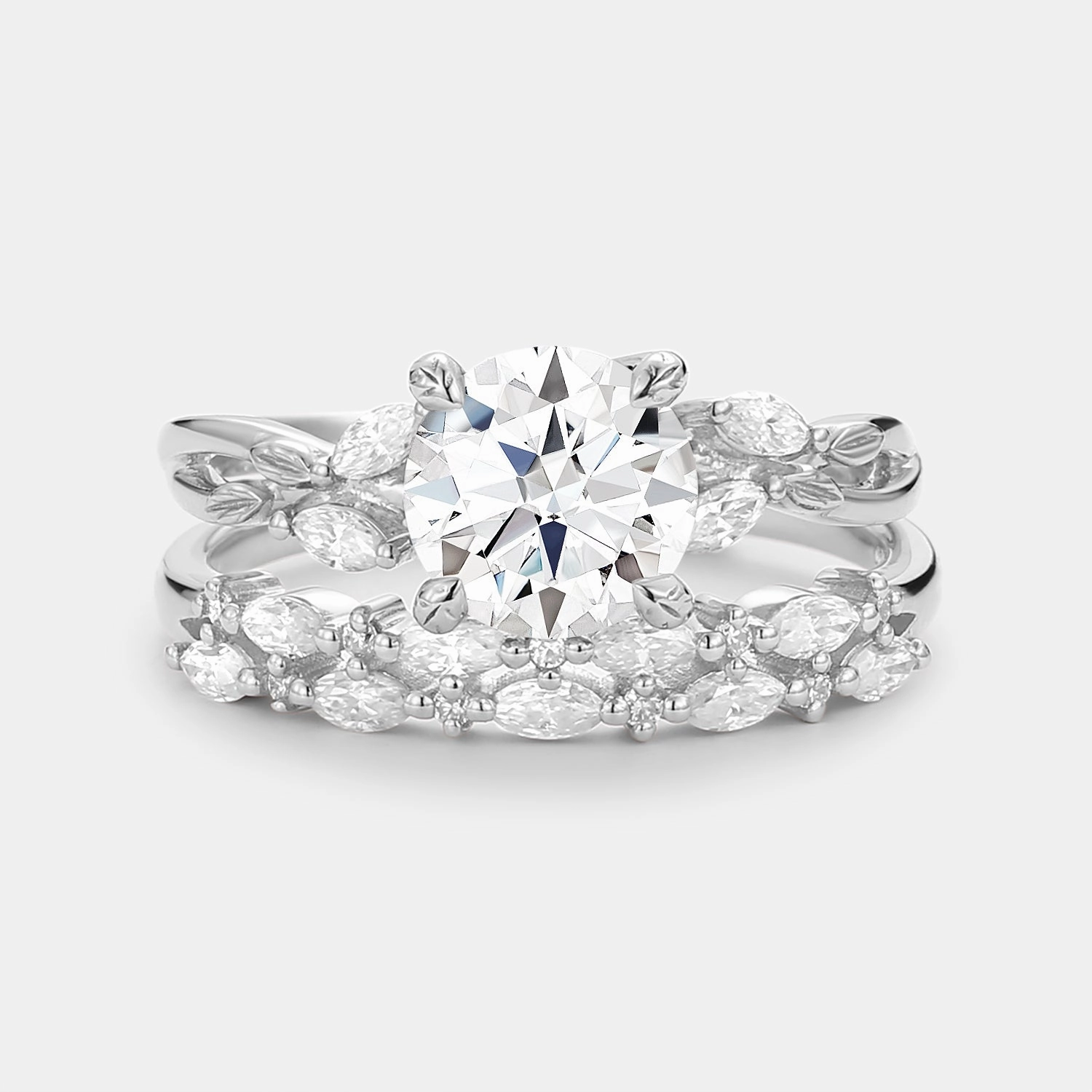 Brilliant Touch Pastel Light Round Cut Moissanite Leafy Cluster Engagement Ring Set 2pcs