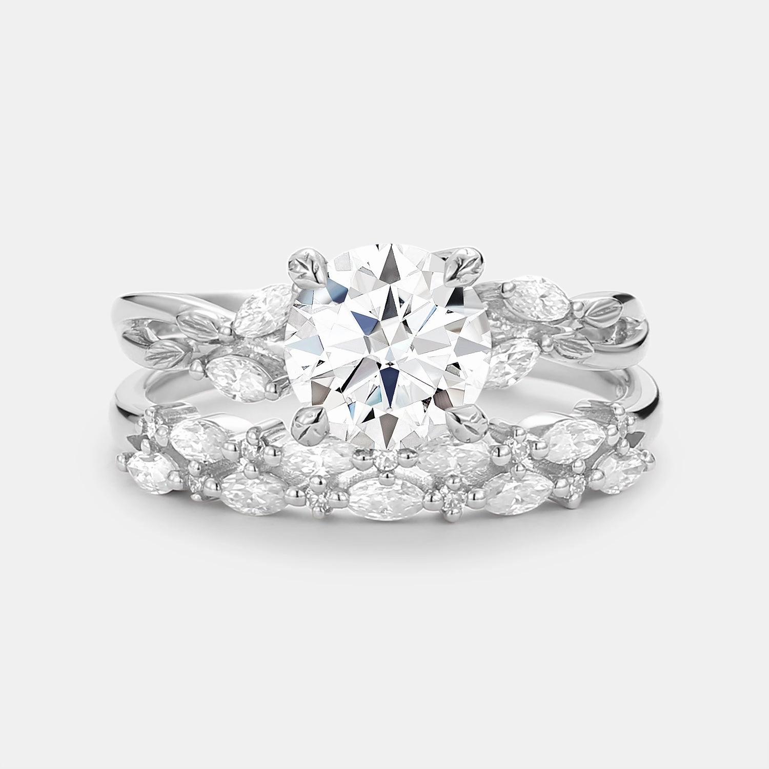 Custom Object Couple Gift Round Cut Moissanite Leafy Cluster Engagement Ring Set 2pcs