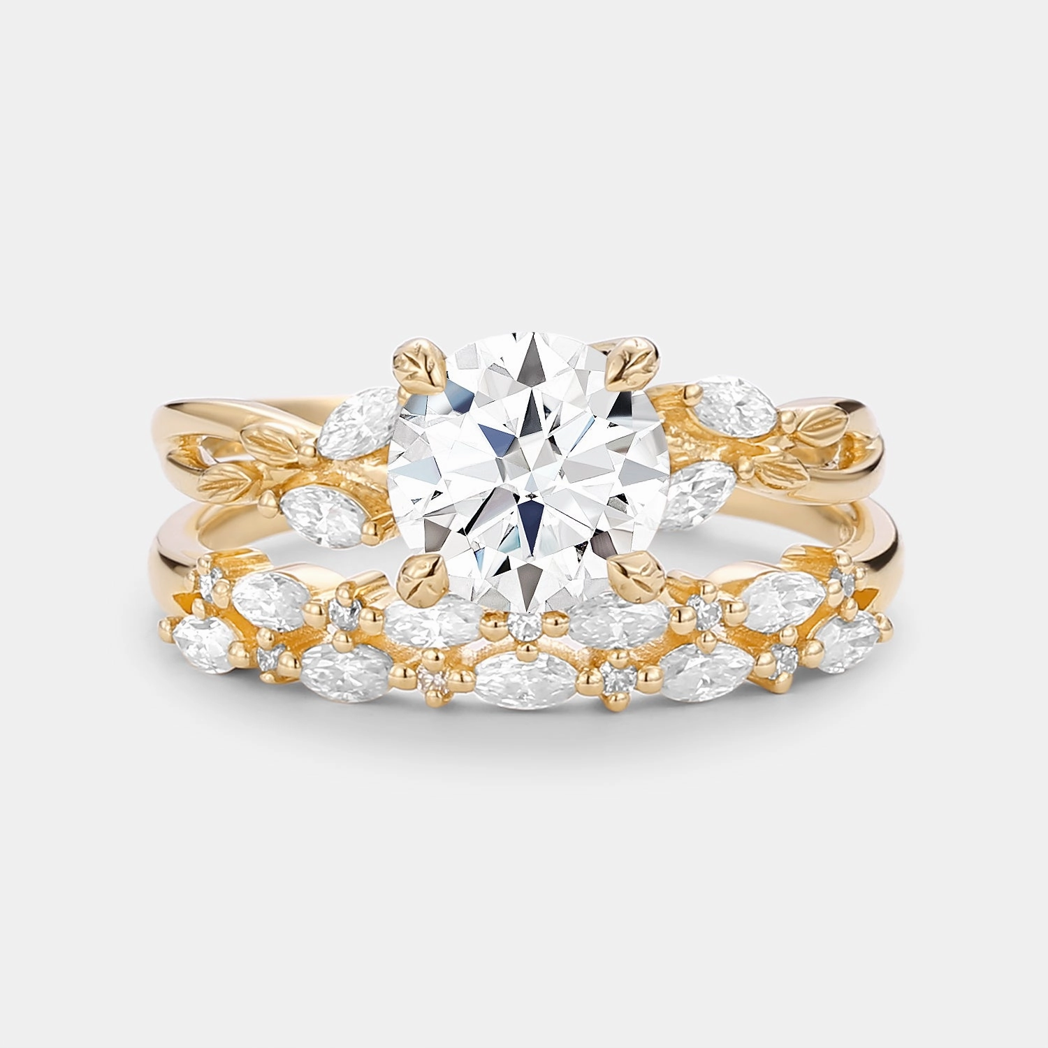 Round Cut Moissanite Leafy Cluster Engagement Ring Set 2pcs Economical Product Bold Color