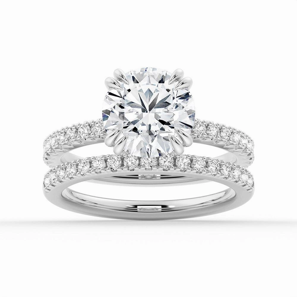 Sophisticated Charm Contemporary Edge Round Cut Moissanite Ring Set with Matching Wedding Band