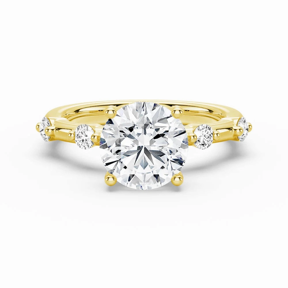 Opulent Shine Statement Vibe Round Cut Moissanite Ring with Diamond Spaced Band and Hidden Halo