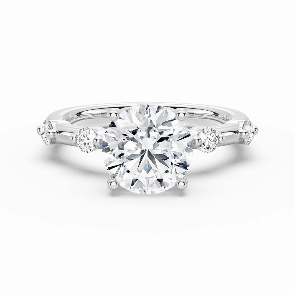Neutral Mood Minimal accessory Round Cut Moissanite Ring with Diamond Spaced Band and Hidden Halo