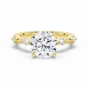 Opulent Shine Statement Vibe Round Cut Moissanite Ring with Diamond Spaced Band and Hidden Halo