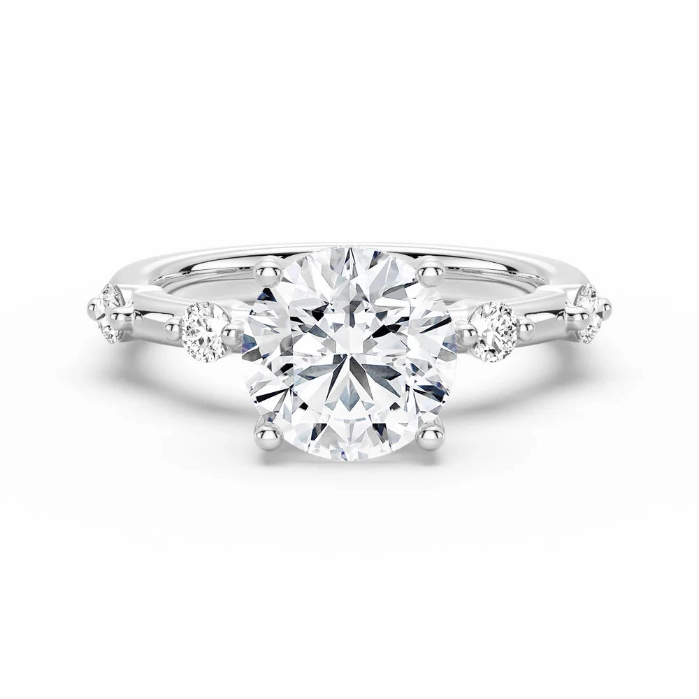 Round Cut Moissanite Ring with Diamond Spaced Band and Hidden Halo Feminine Light