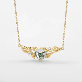 Round Cut Moss Agate Cute Leafy Necklace - Gardenia Essential Accessory