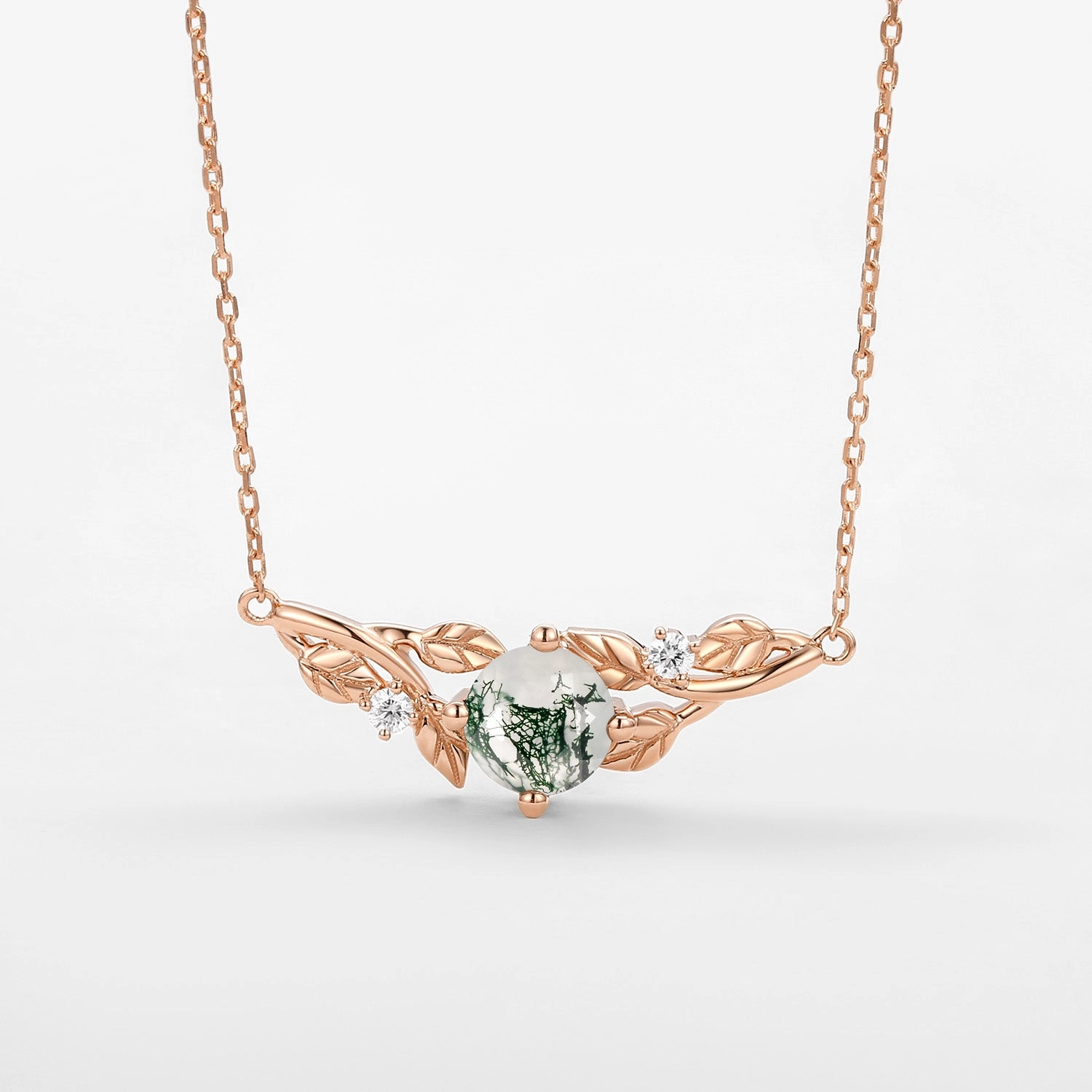Round Cut Moss Agate Cute Leafy Necklace - Gardenia Birthday Accent