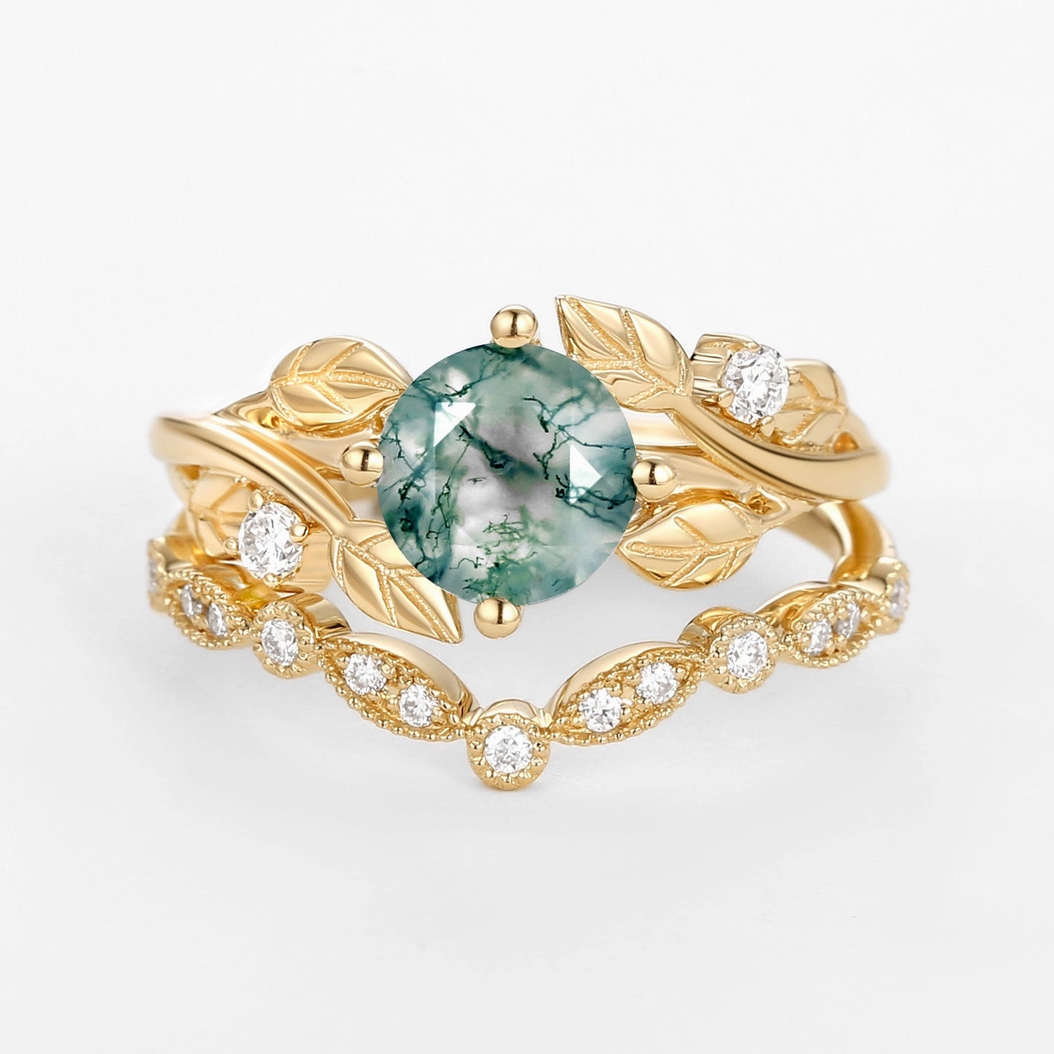 Meaningful Embellishment Round Cut Moss Agate Leafy Four Prongs Ring Set 2pcs