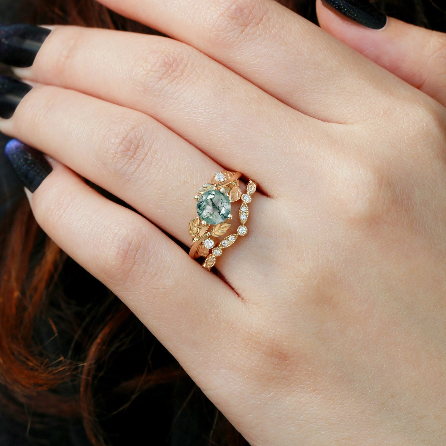 Round Cut Moss Agate Leafy Four Prongs Ring Set 2pcs Low key style Branded Work