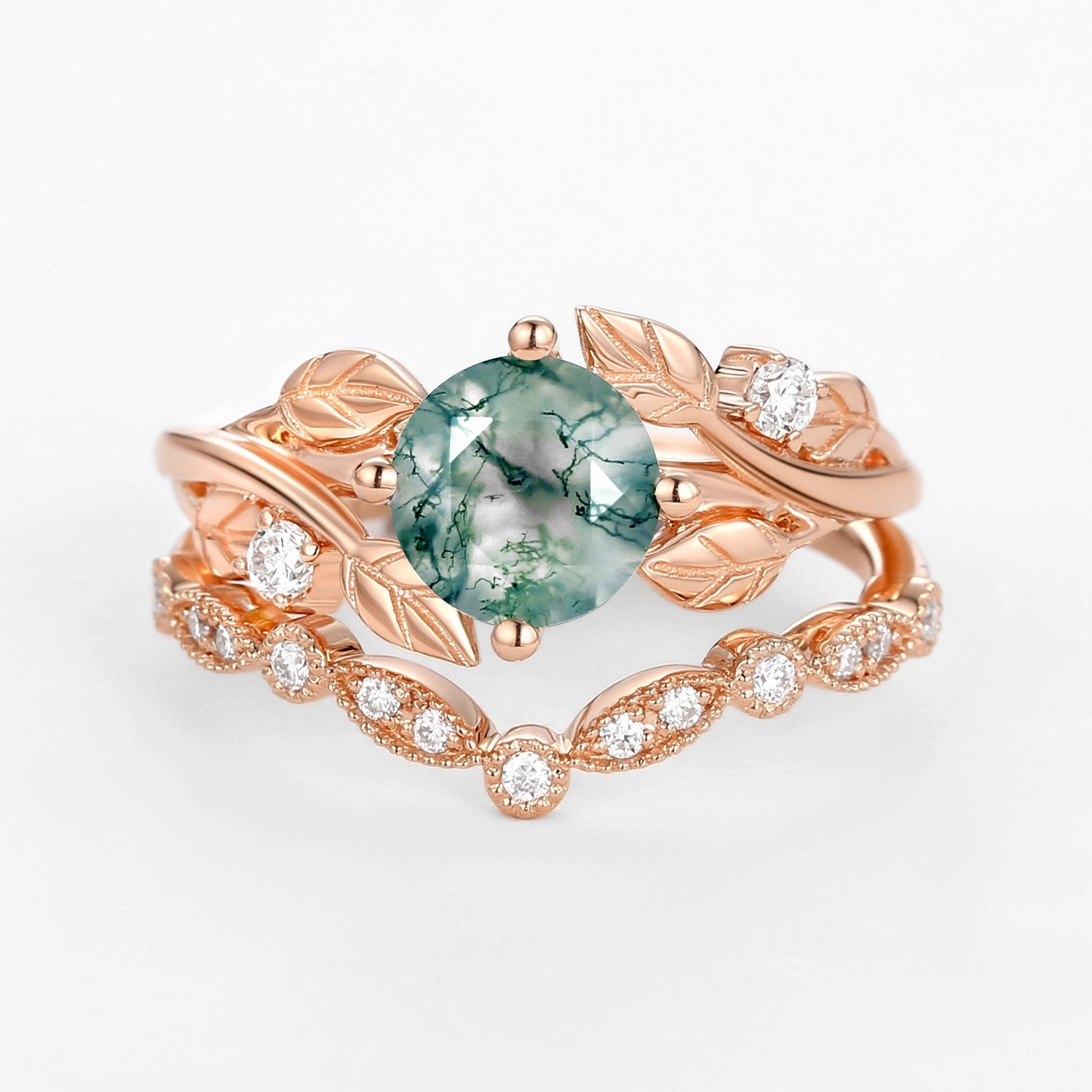 Durable Expression Sturdy Ornament Round Cut Moss Agate Leafy Four Prongs Ring Set 2pcs