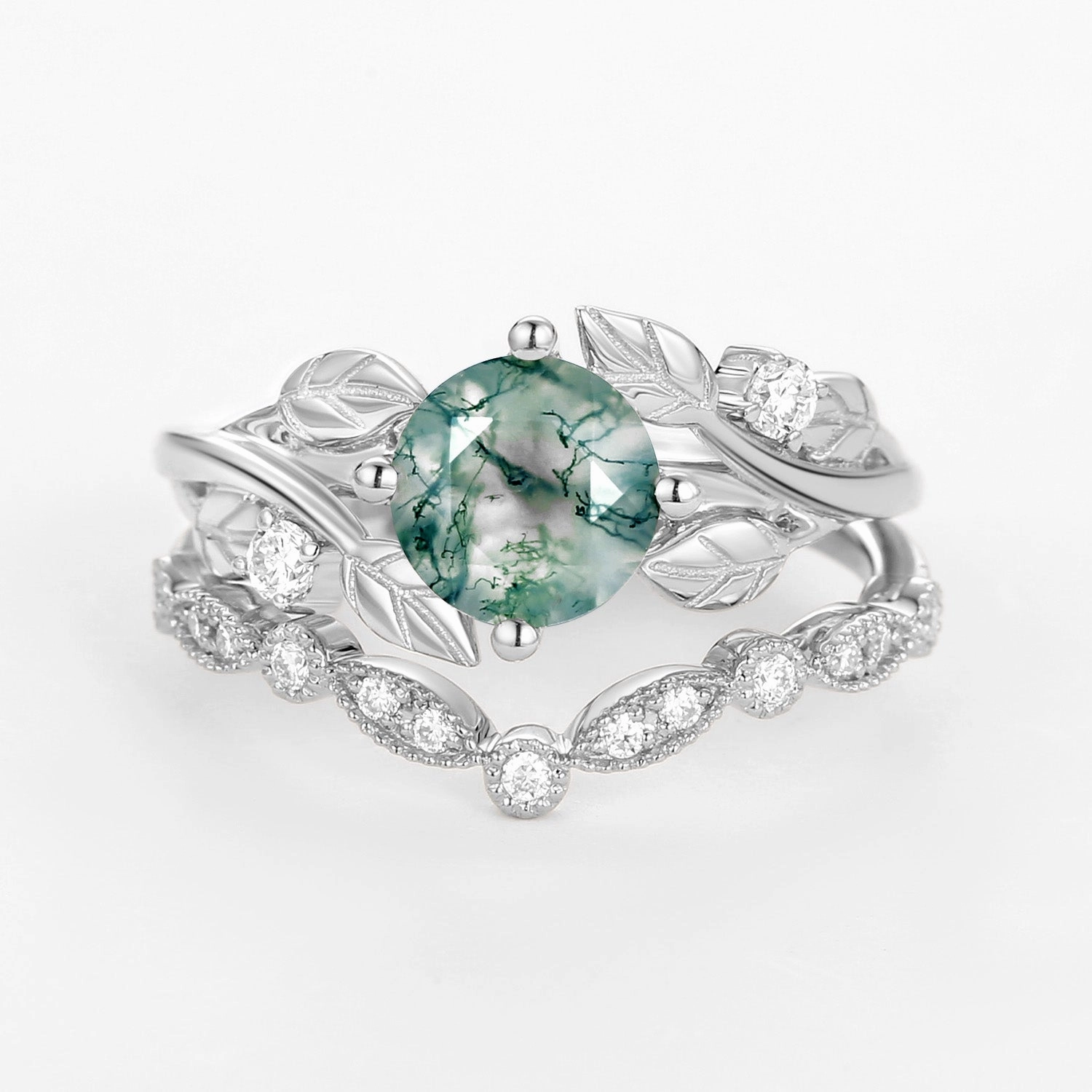 Round Cut Moss Agate Leafy Four Prongs Ring Set 2pcs Natural Style Fresh Accent