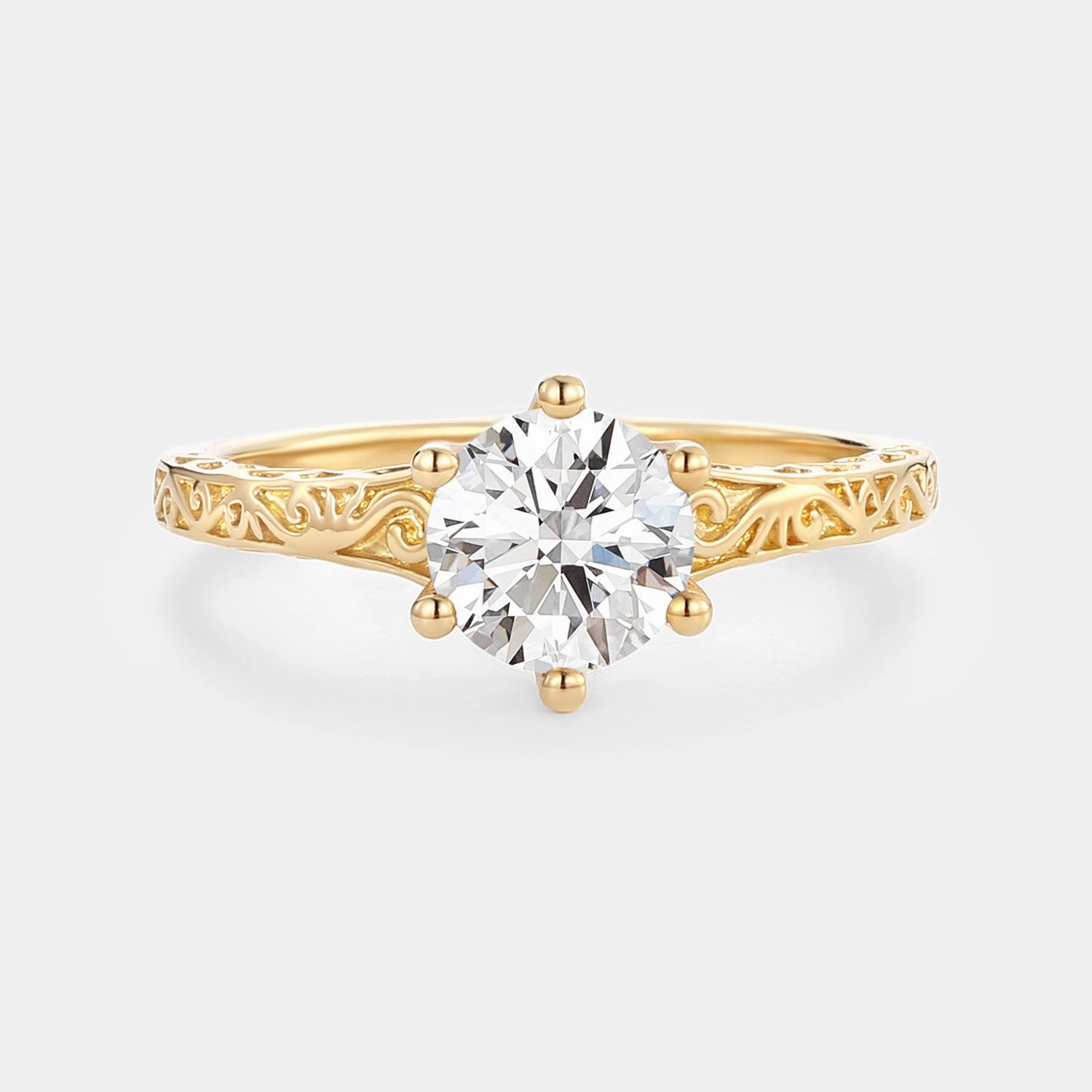 Beautiful Work Round Engraved Solitaire Lab Grown Diamond Engagement Ring - Aureate