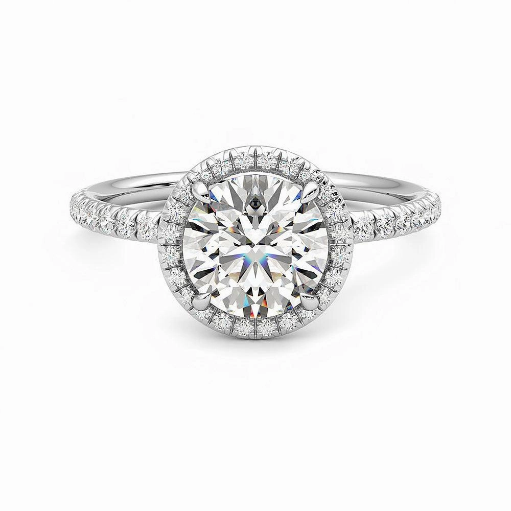 Daily Gift Round Halo Moissanite Engagement Ring with Hidden Anniversary Stone Accent