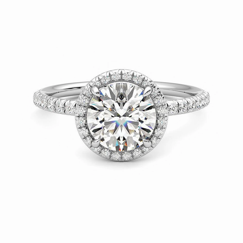 Modern Line Elegant Pop Round Halo Moissanite Engagement Ring with Hidden Anniversary Stone Accent