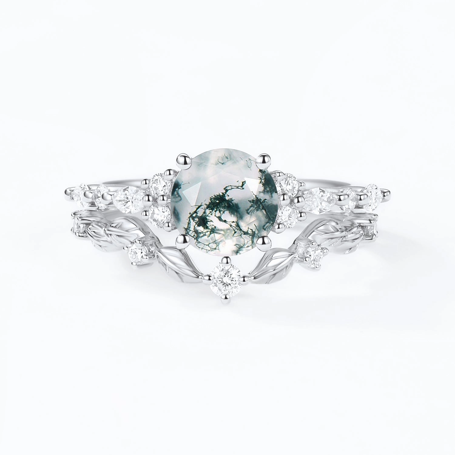 Festive Touch Luxe Touch Round Shaped Leafy Moss Agate Engagement Ring Sets - Sarah