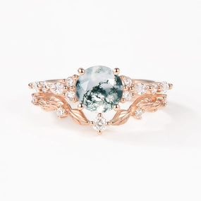 Highlight Feature Round Shaped Leafy Moss Agate Engagement Ring Sets - Sarah