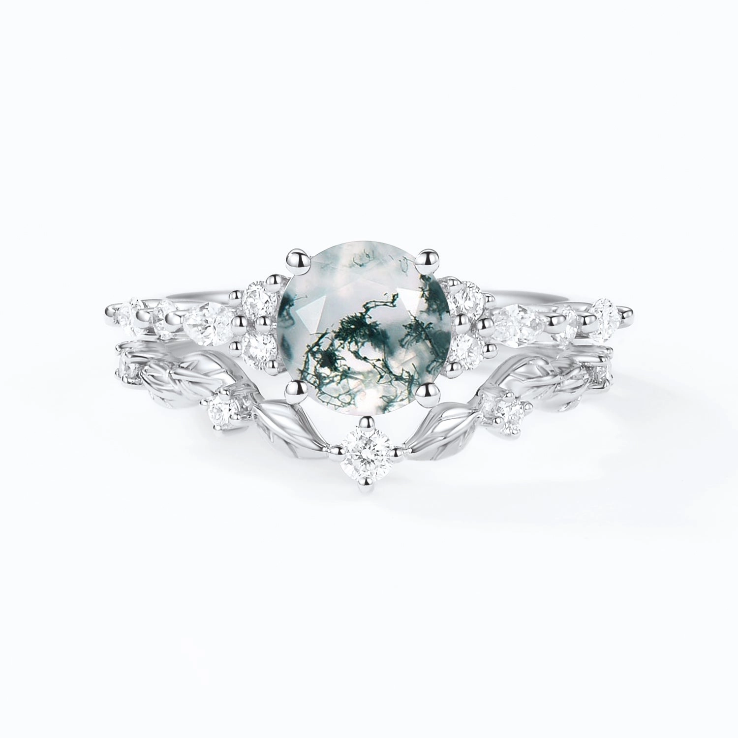 Sculptural Feel Handmade pieces Round Shaped Leafy Moss Agate Engagement Ring Sets - Sarah