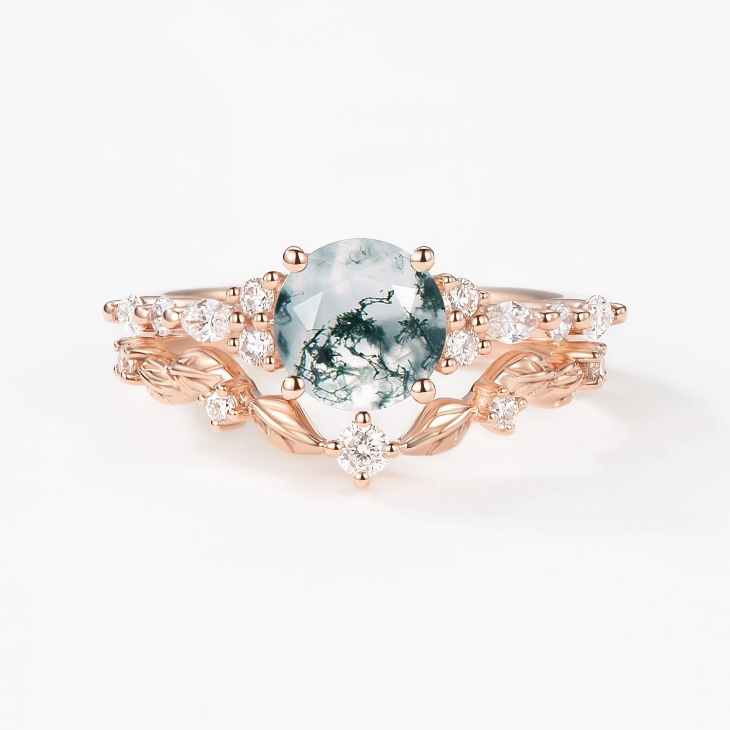 Highlight Feature Round Shaped Leafy Moss Agate Engagement Ring Sets - Sarah