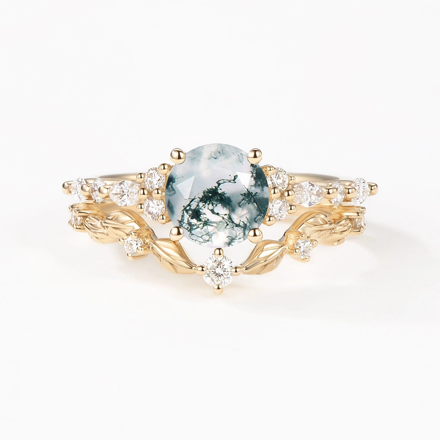 Sturdy Product Elegant Fashion Round Shaped Leafy Moss Agate Engagement Ring Sets - Sarah