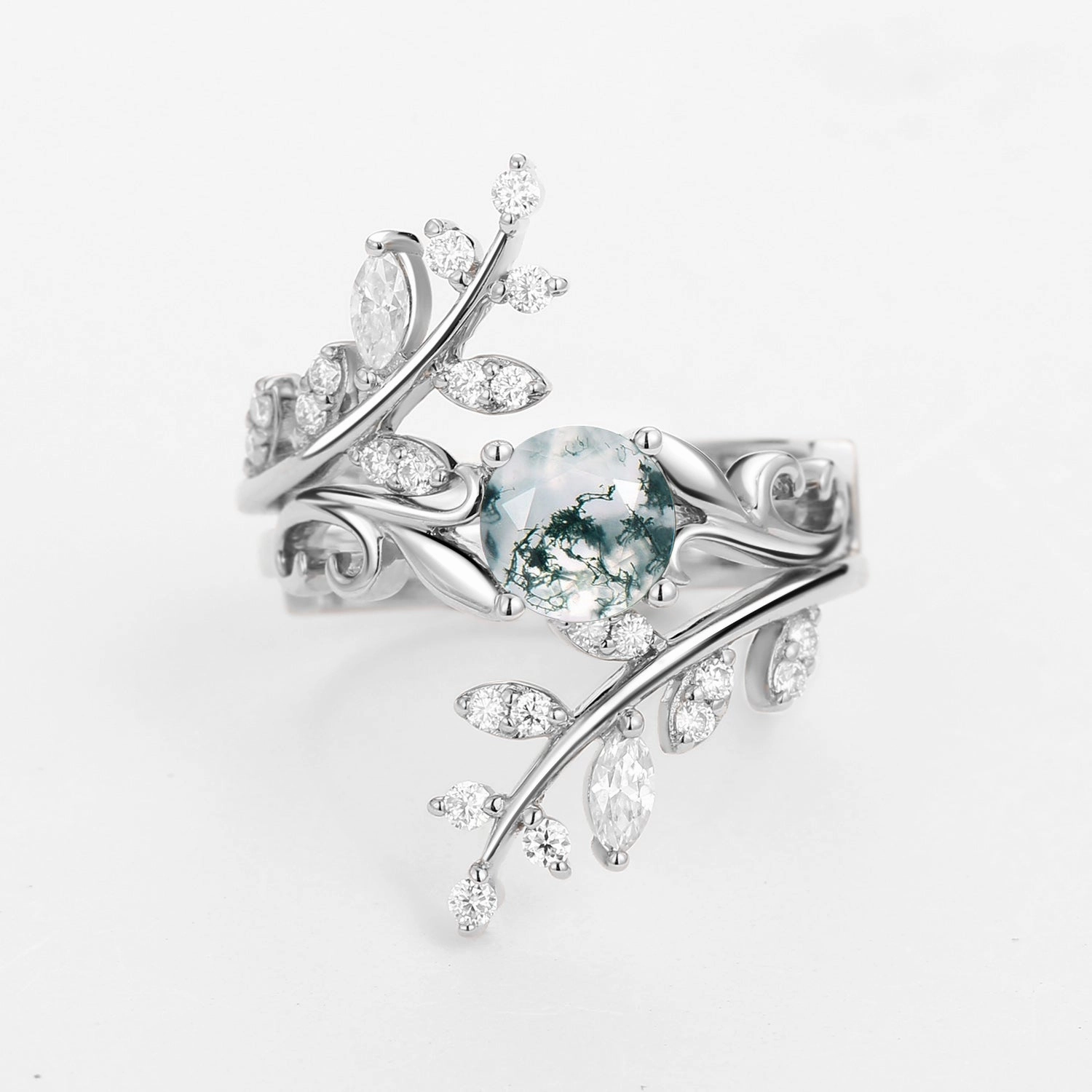 Round Shaped Vine Moss Agate Engagement Ring Sets 2PCS Mood Accent Sleek Accent