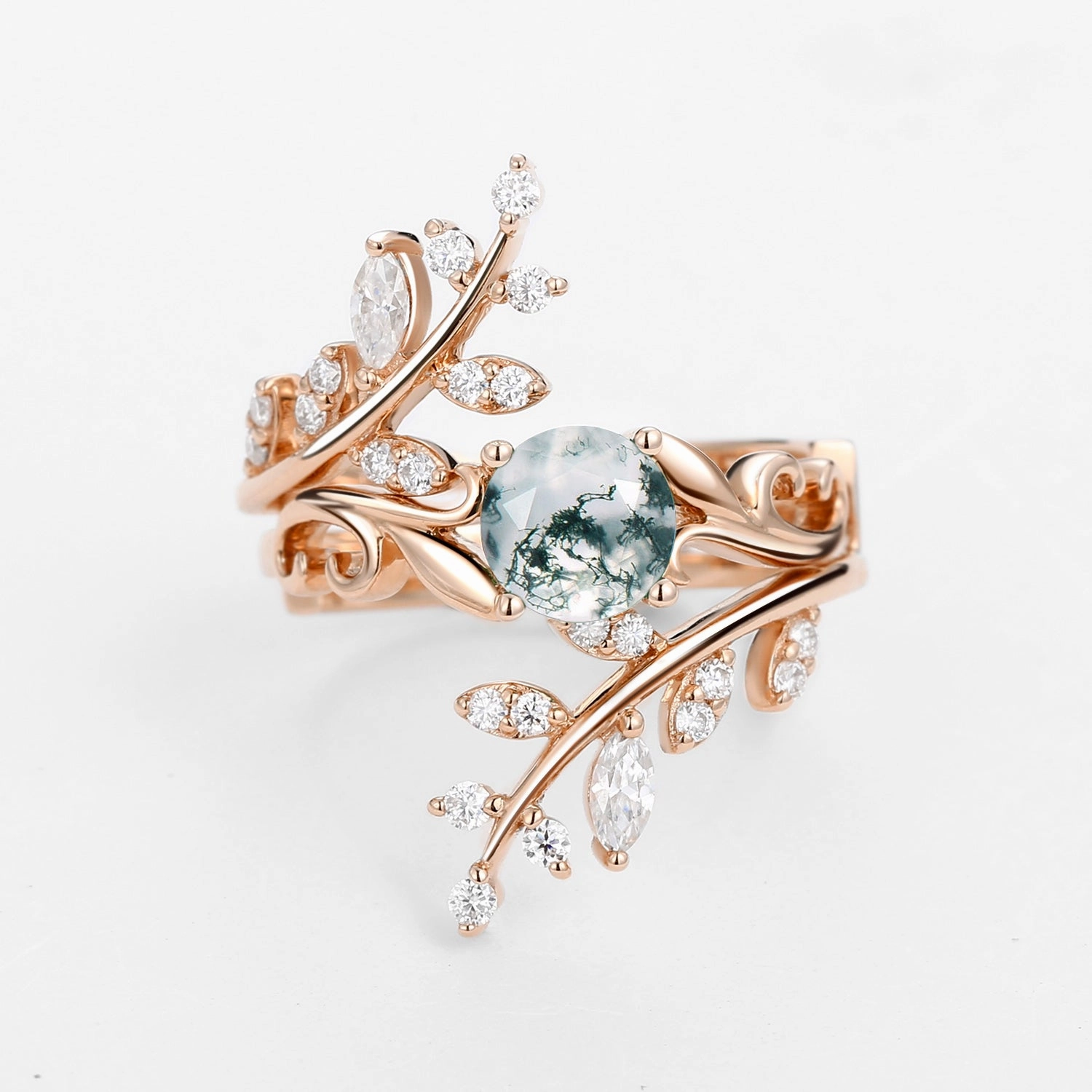 Printed Image Artistic Emblem Round Shaped Vine Moss Agate Engagement Ring Sets 2PCS