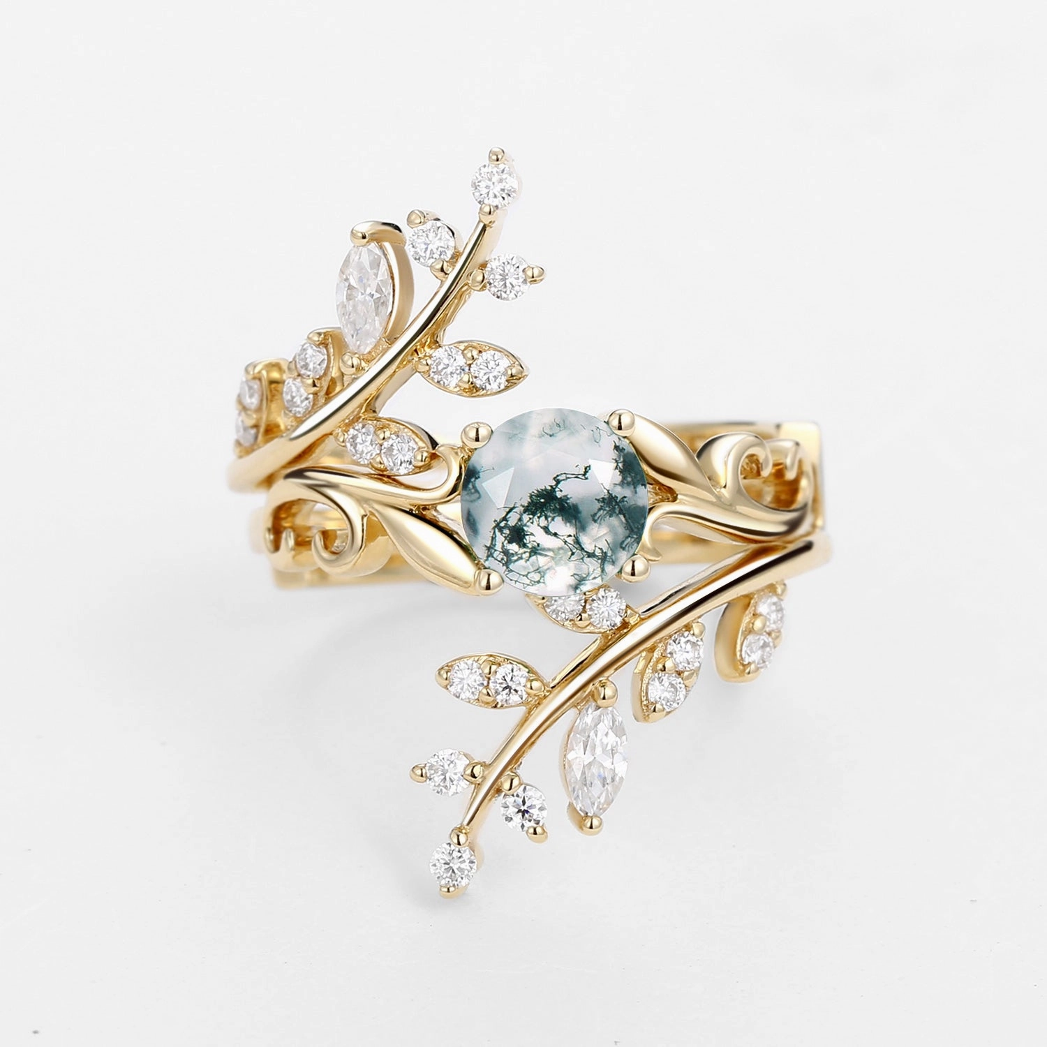 Lush Touch Round Shaped Vine Moss Agate Engagement Ring Sets 2PCS